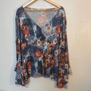 Bohemian Floral Patchwork Blouse Bell Sleeve V-Neck Peasant Boho Poet Whimsy
